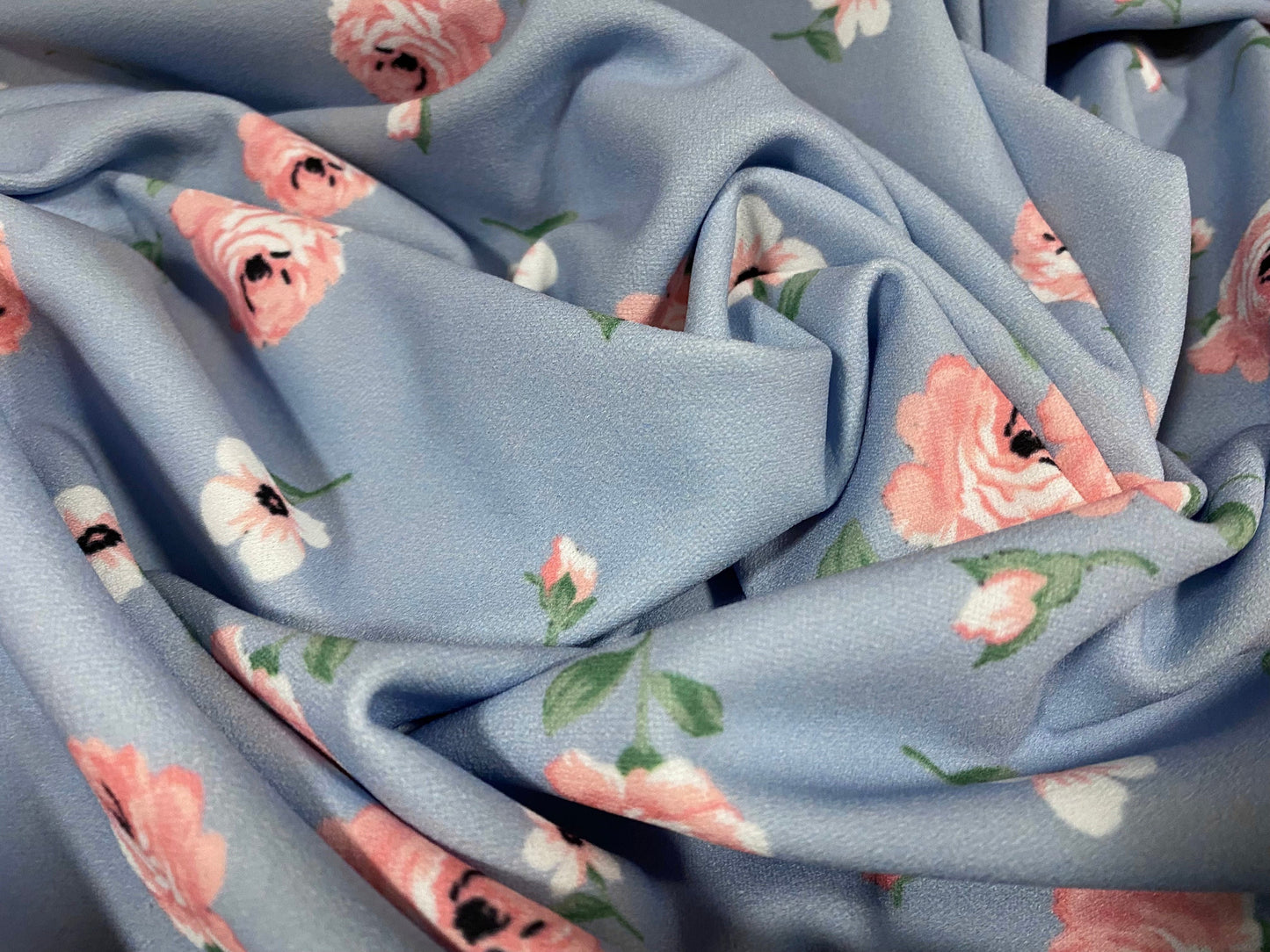 Scuba crepe fabric stretch spandex jersey, per metre - Rose flower print - powder blue & pink