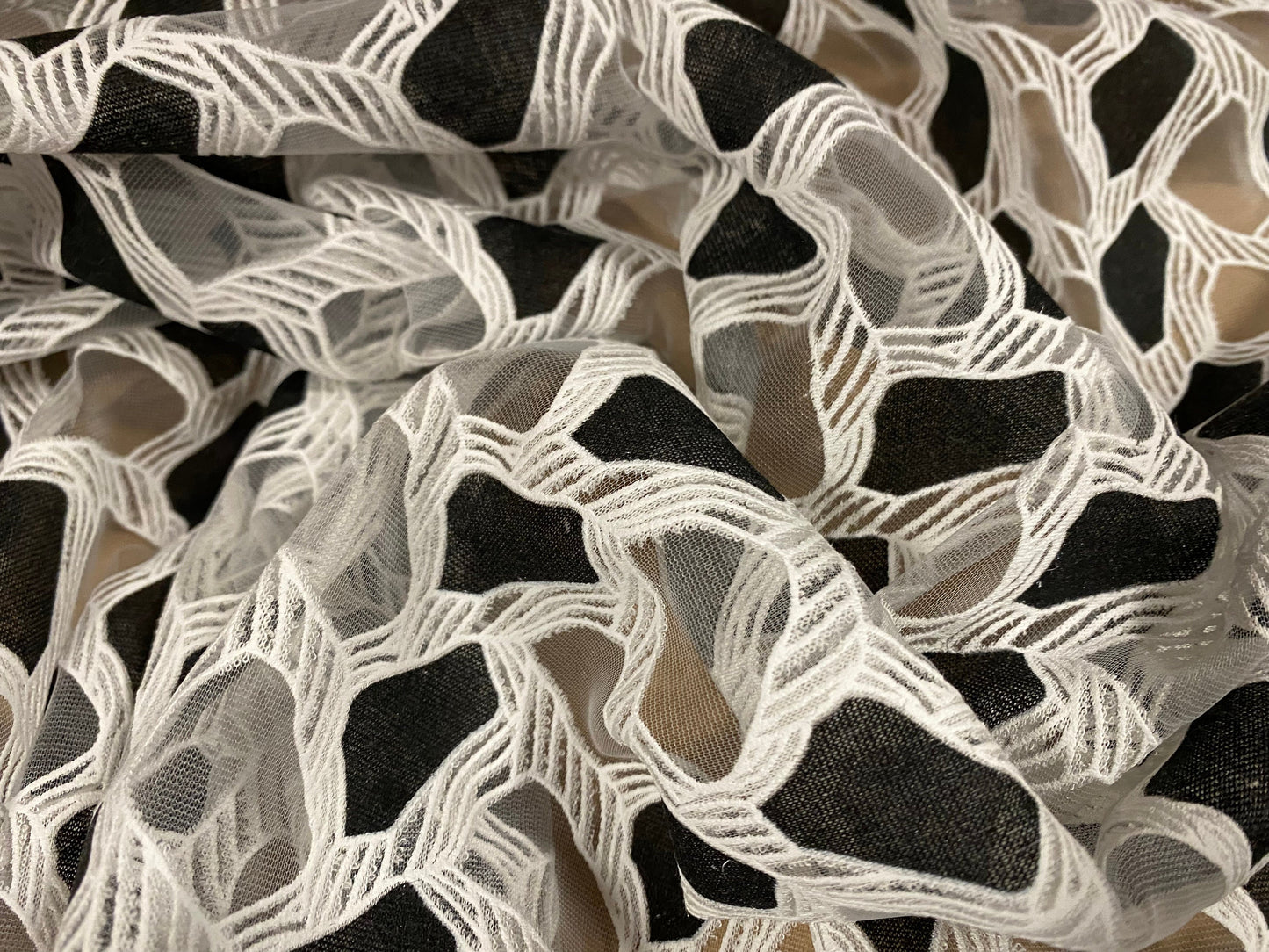 Embroidered organza burnout fabric, per metre - geometric pattern - black & white