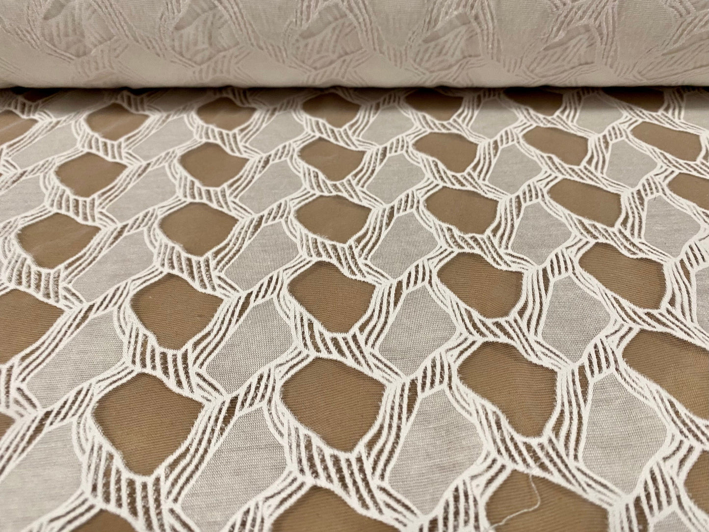 Embroidered organza burnout fabric, per metre - geometric pattern - white