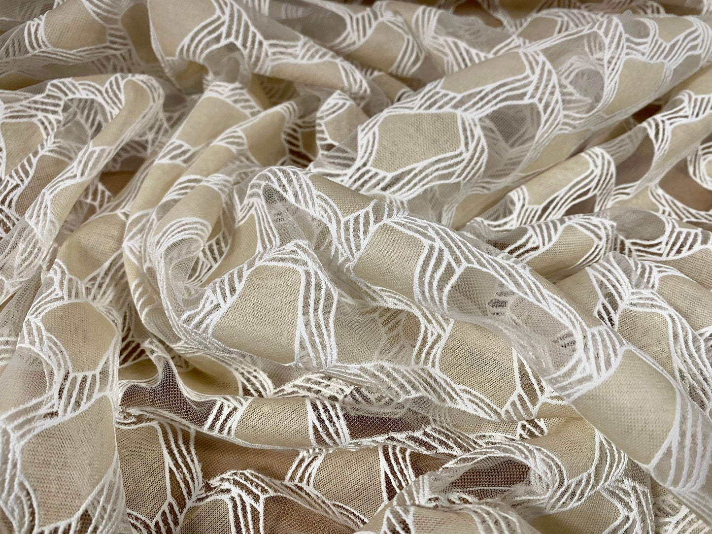 Embroidered organza burnout fabric, per metre - geometric pattern - white stone