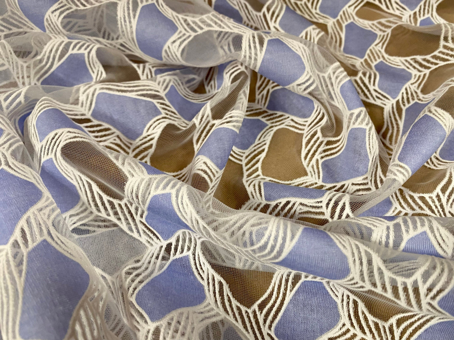 Embroidered organza burnout fabric, per metre - geometric pattern - white blue