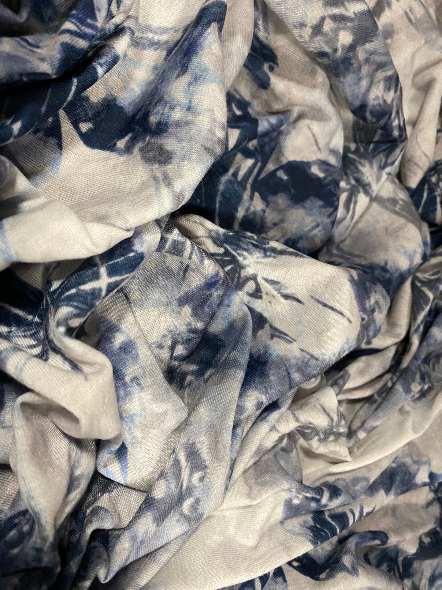 Soft handle stretch jersey fabric, per metre - distressed butterfly print - Petrol blue grey