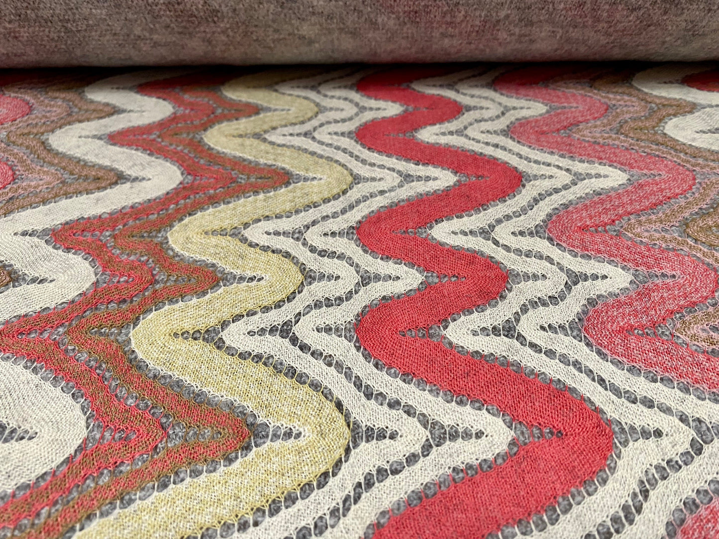 Wool blend heavyweight jacquard fabric, per metre - wave swirl design - pink