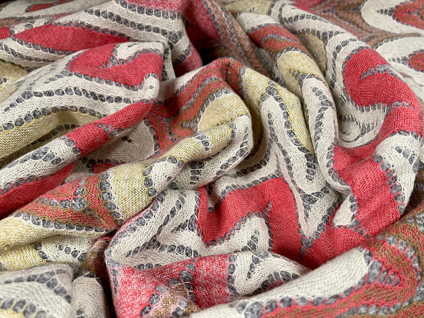 Wool blend heavyweight jacquard fabric, per metre - wave swirl design - pink