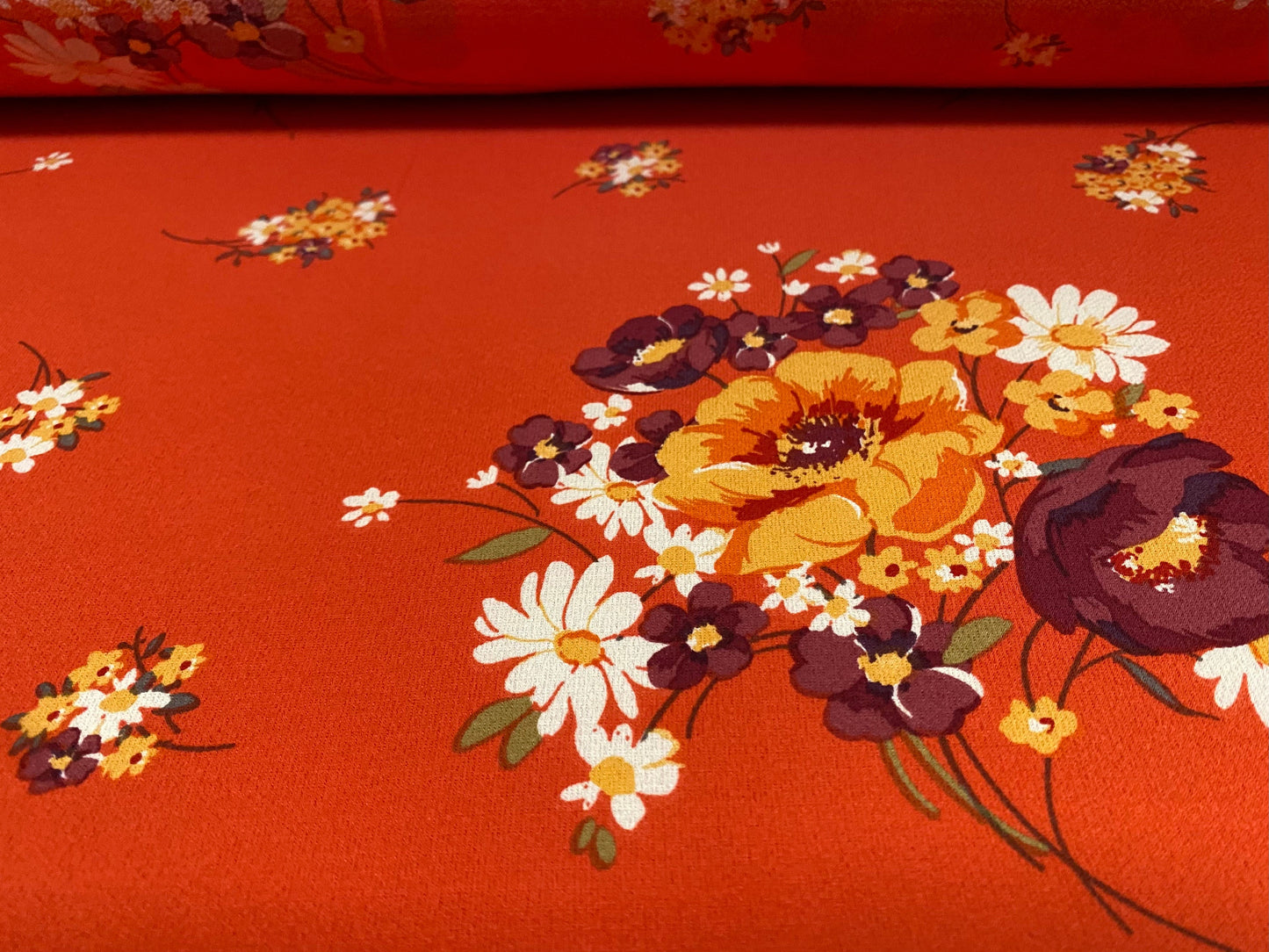 Stretch spandex crepe woven dress fabric, per metre - flower bouquet print - blood Orange