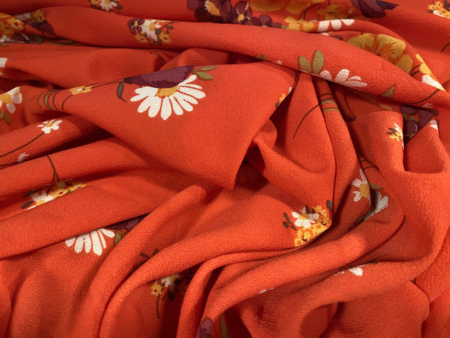 Stretch spandex crepe woven dress fabric, per metre - flower bouquet print - blood Orange