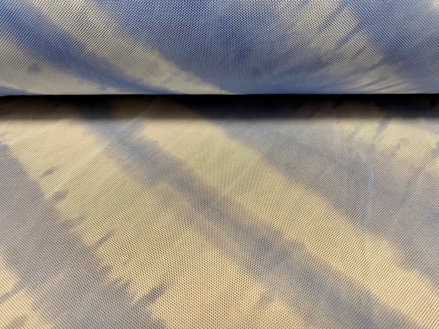 Power mesh net stretch fabric, per metre - Bias tie dye stripe print - Sky blue