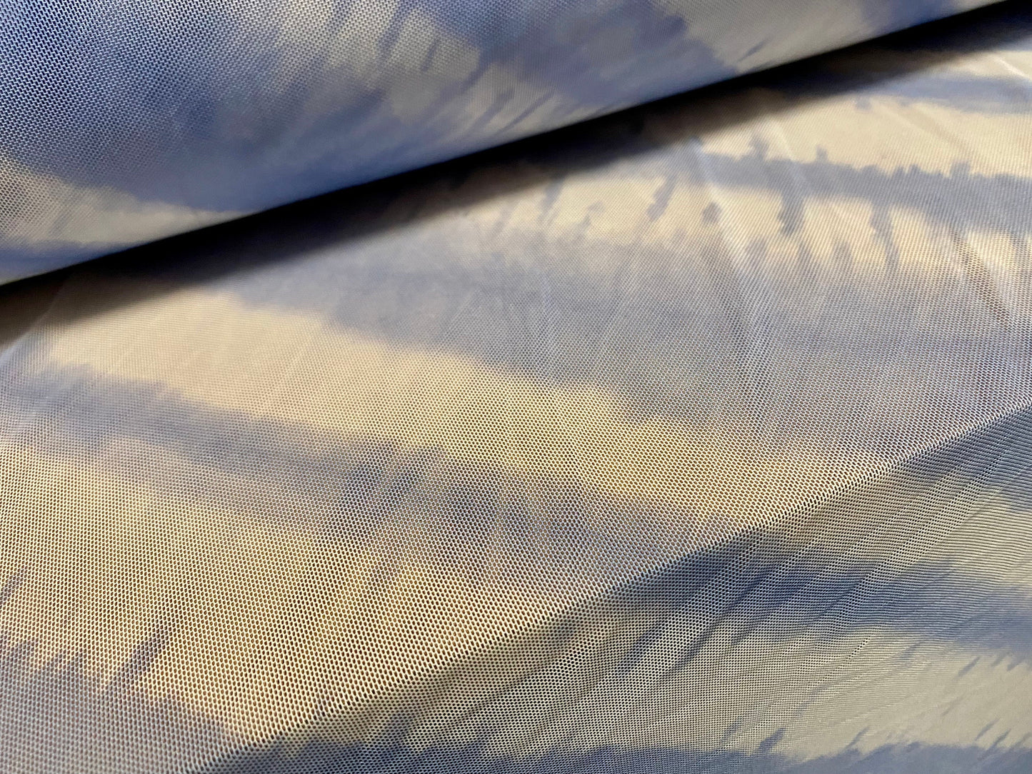 Power mesh net stretch fabric, per metre - Bias tie dye stripe print - Sky blue