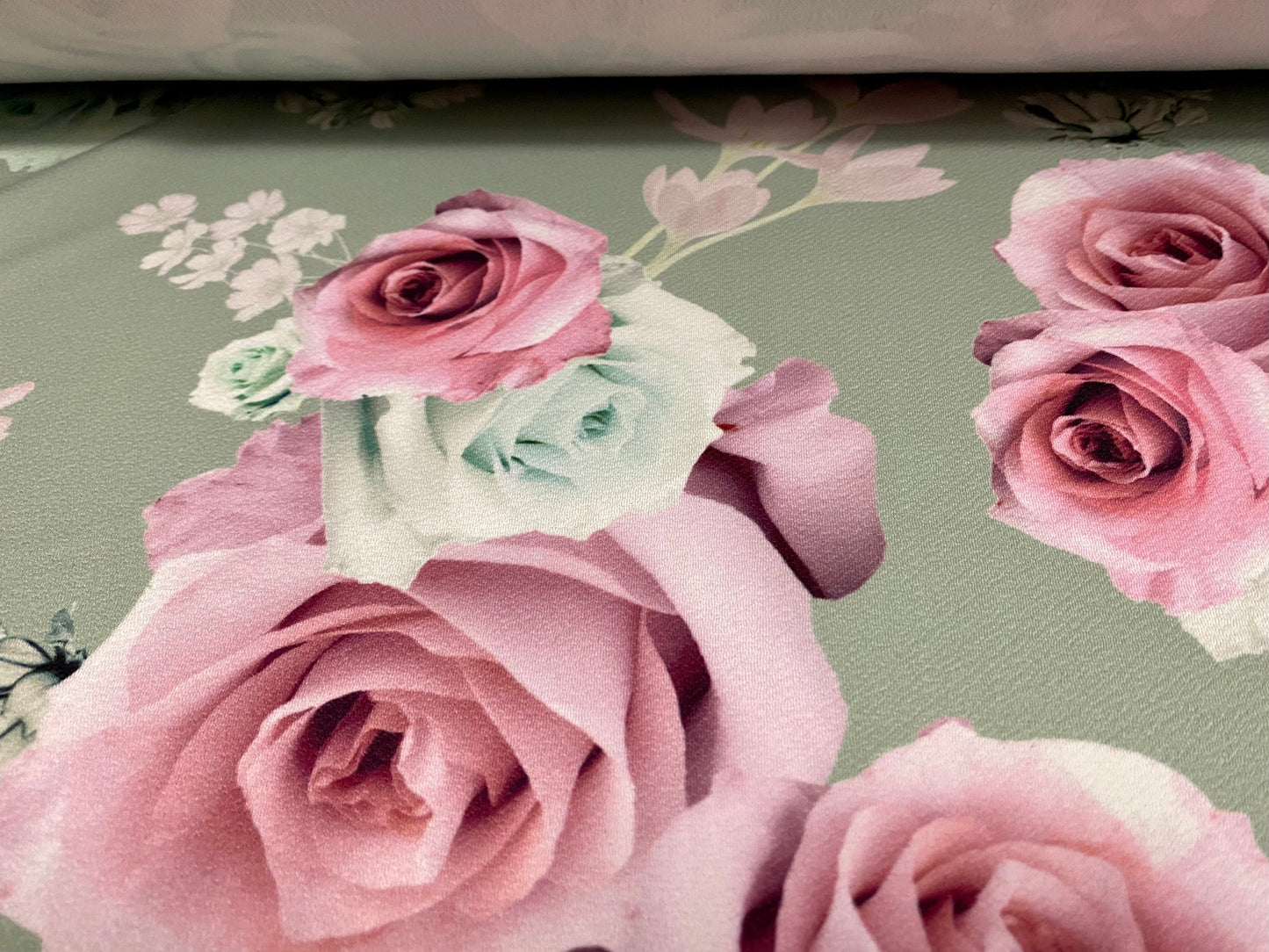 Waterfall textured scuba stretch Spandex jersey fabric, per metre - Digital Rose flower print - mint & pink