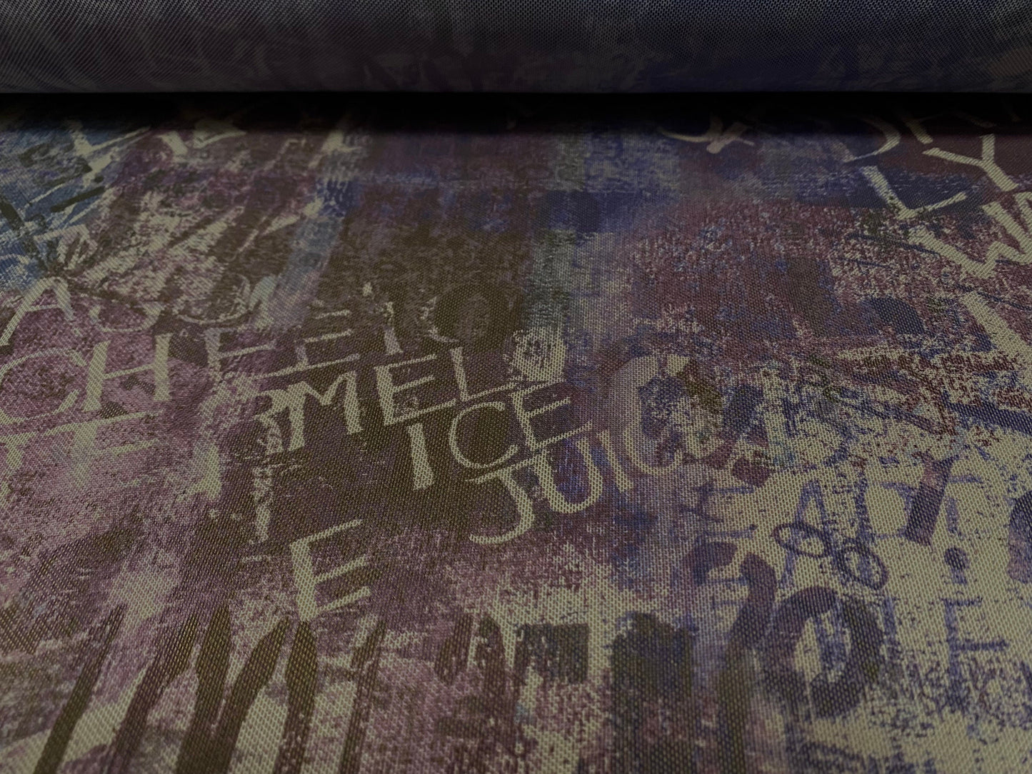 Power mesh net stretch fabric, per metre - Moody graffiti street art print - violet & blue