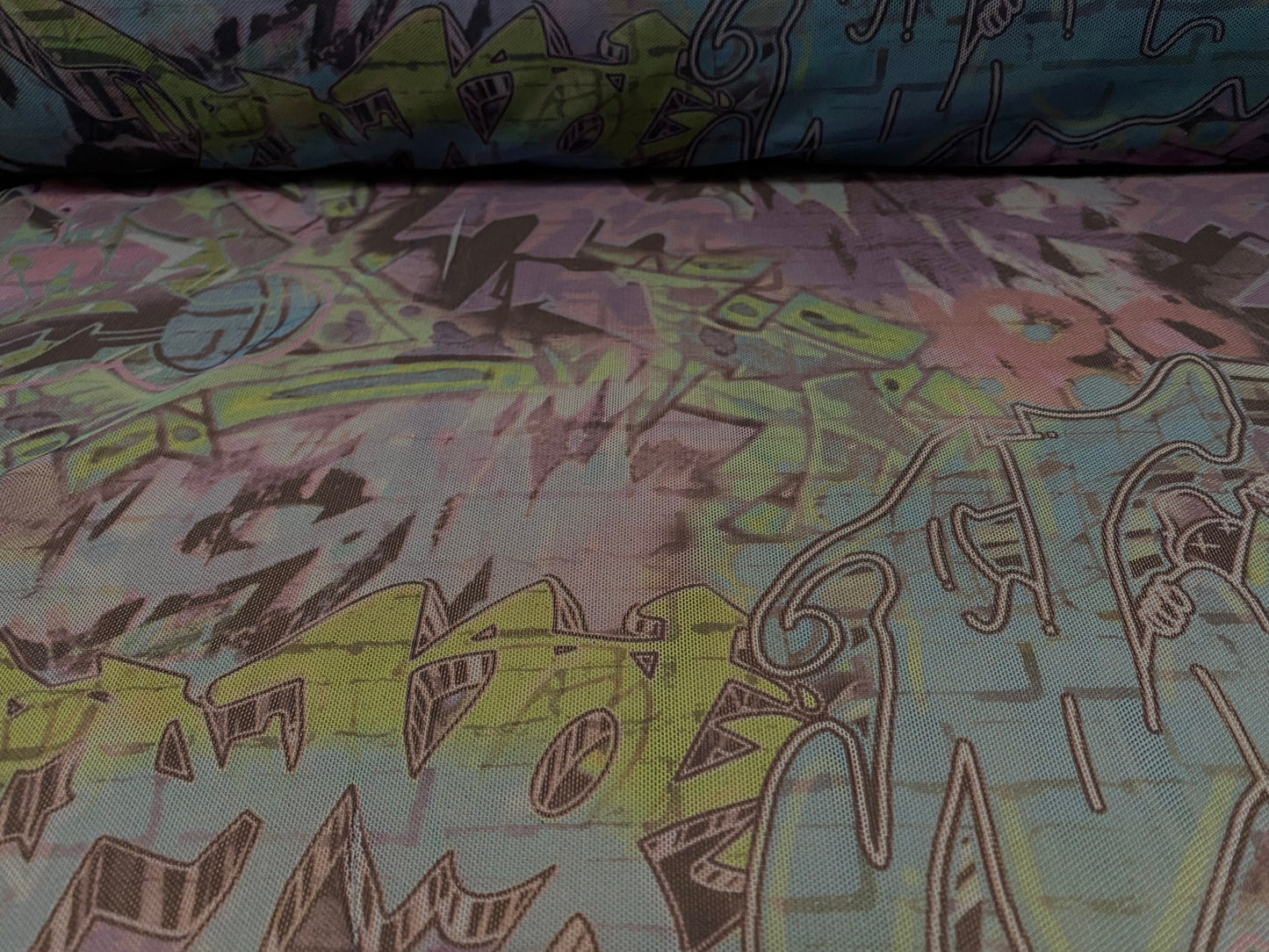 Power mesh net stretch spandex fabric, sheer, per metre - street art graffiti print - pink & blue
