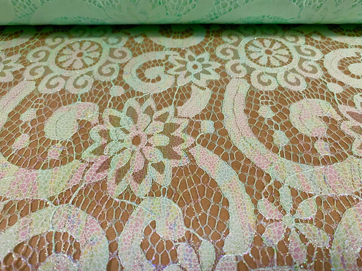 Pearlescent shimmer 2 tone lace dress fabric, per metre - floral swirl design - mint