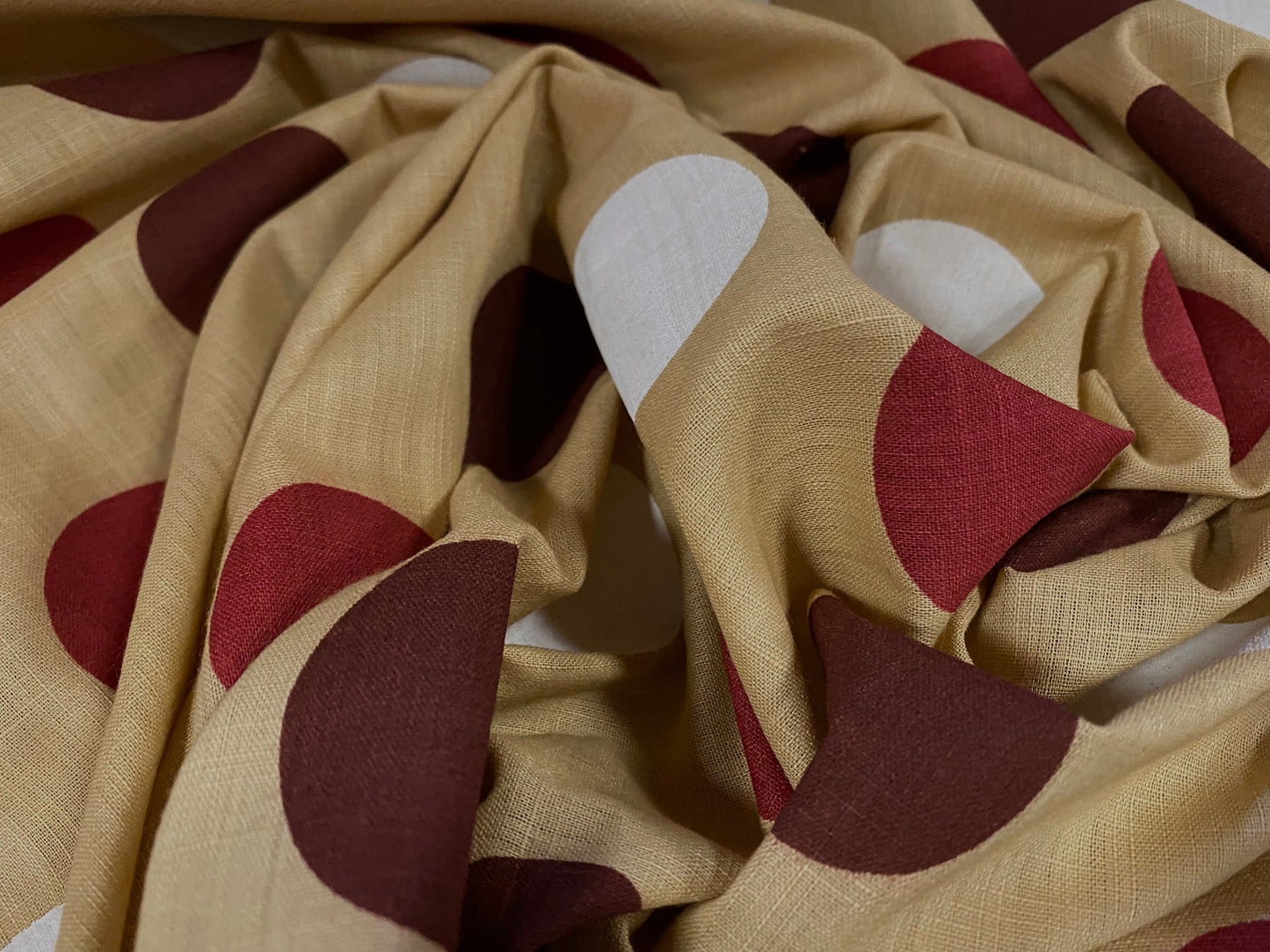 Linen woven dress fabric, per metre - circles print - tan burgundy white