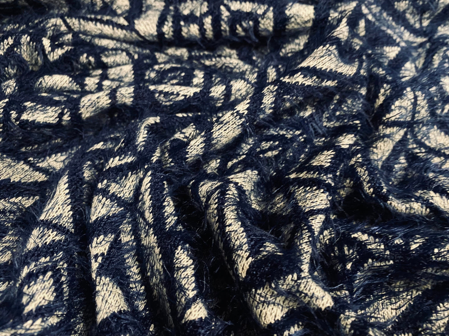 Soft hairy mohair style knitwear jersey fabric, per metre - geometric jacquard - dark blue