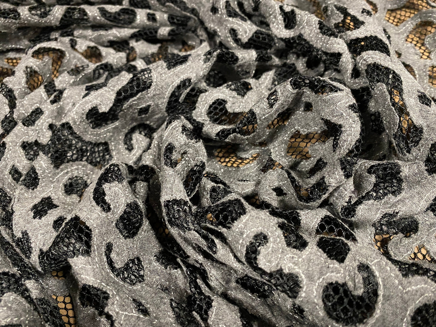 Couture Fishnet fabric with damask swirl appliqué, per metre - grey on black