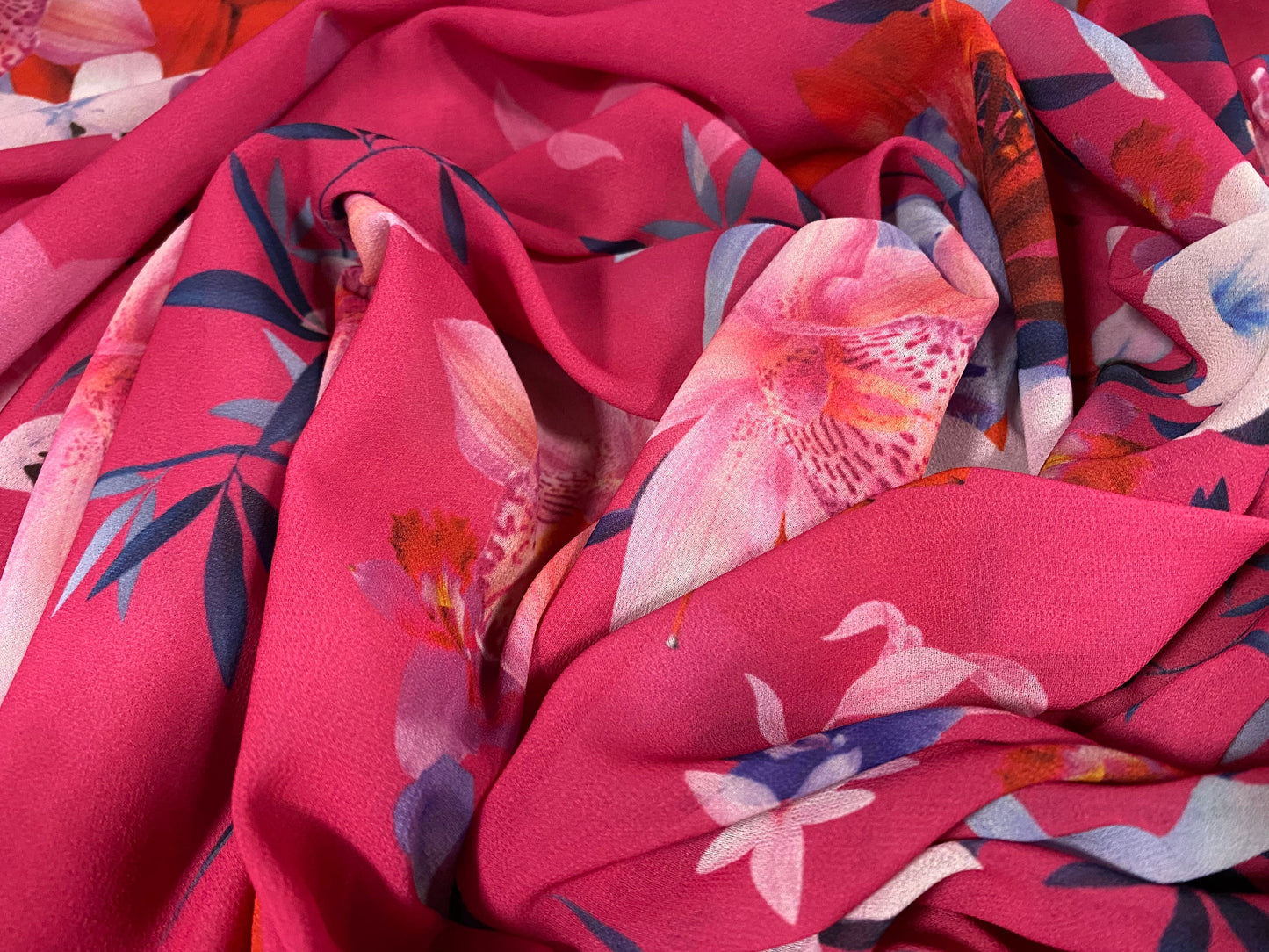 Printed chiffon dress blouse fabric, per metre - Lily flower print - cerise & powder blue