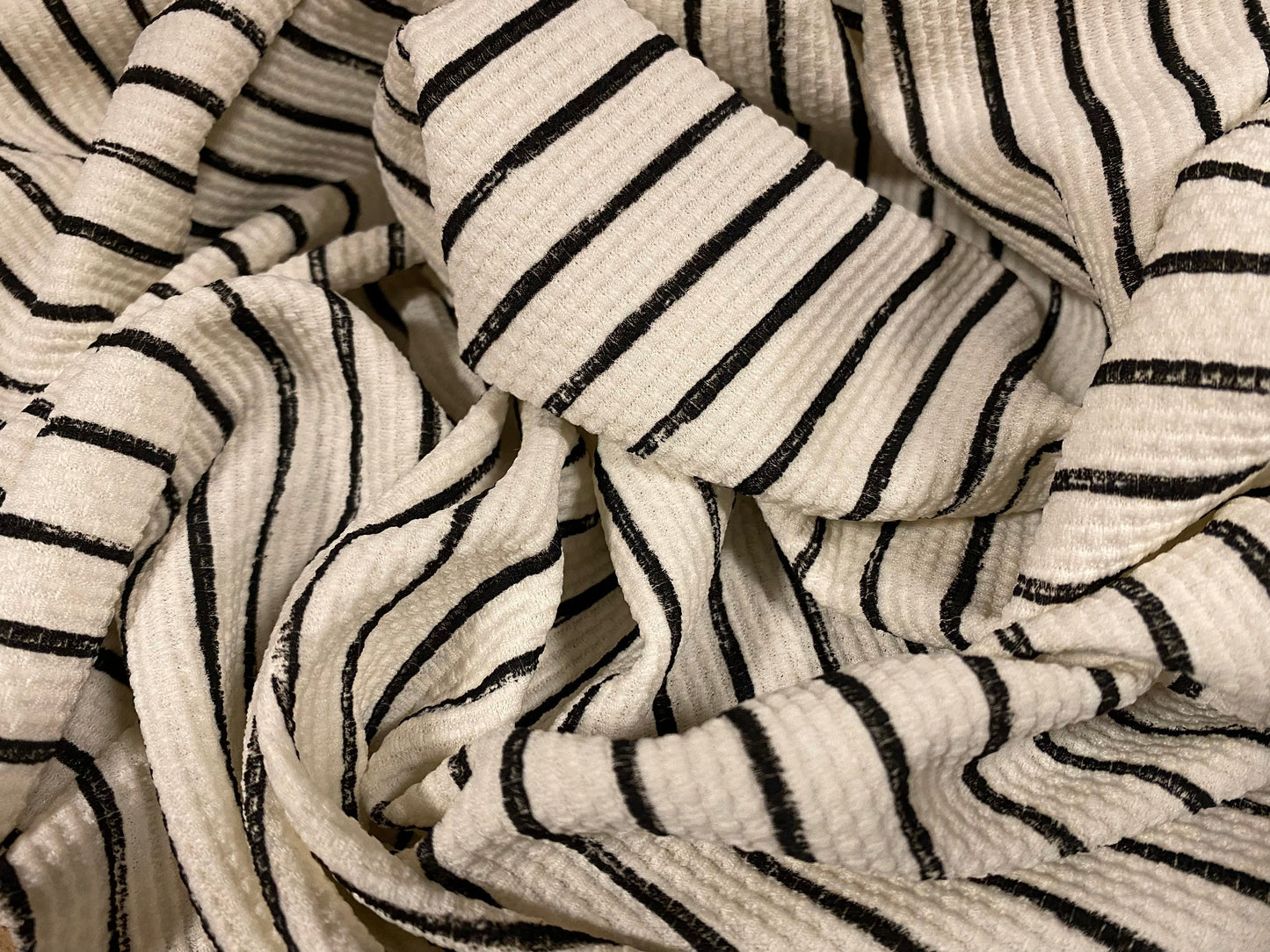 Textured Double jersey stretch spandex fabric, per metre - printed stripe - Ivory & black