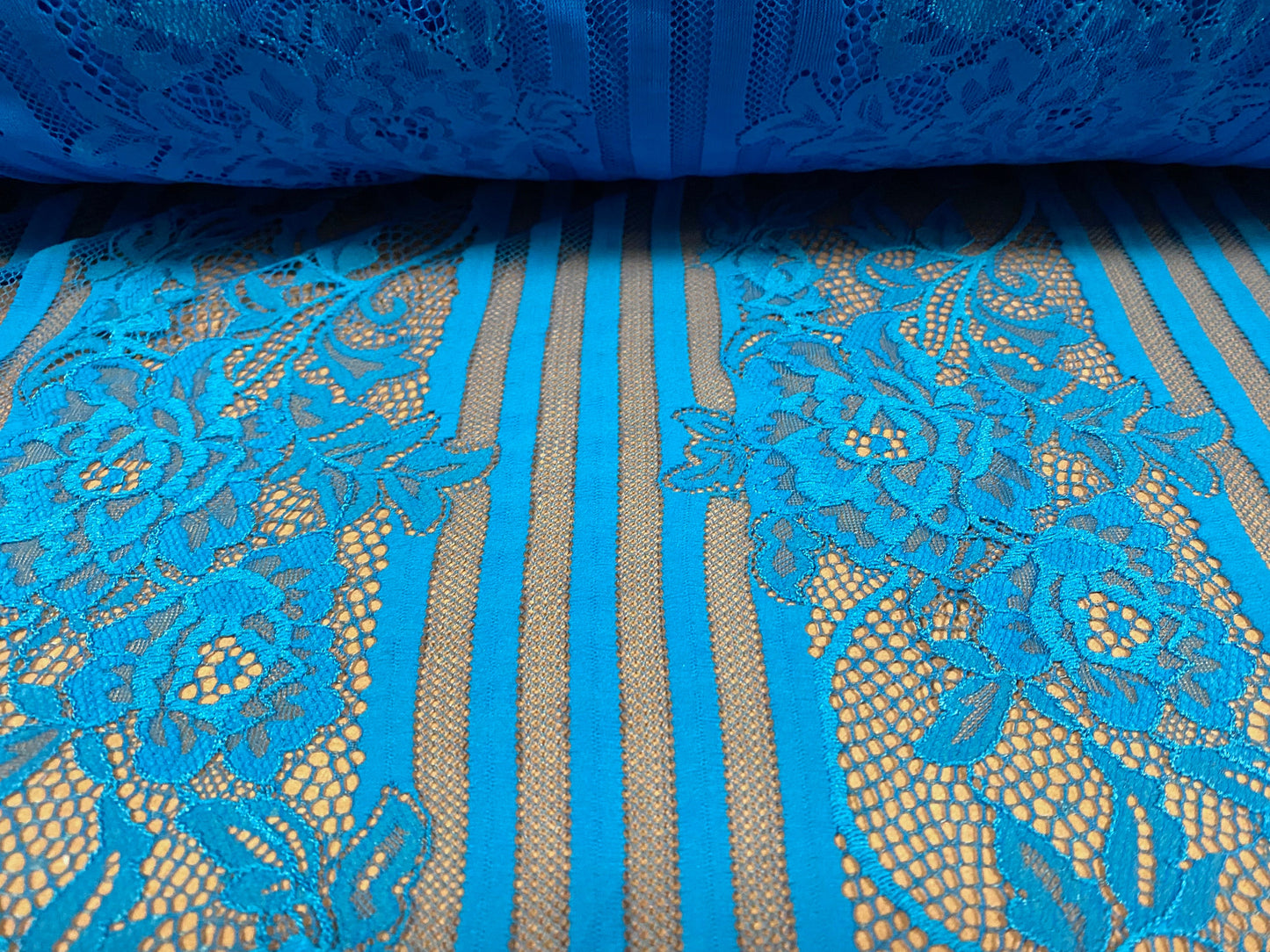 Mesh lace net fabric, per metre - embroidered floral stripe - turquoise blue