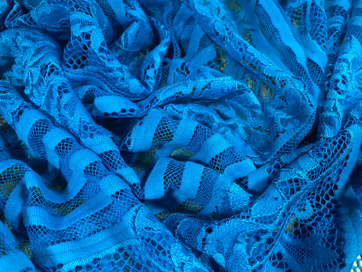 Mesh lace net fabric, per metre - embroidered floral stripe - turquoise blue