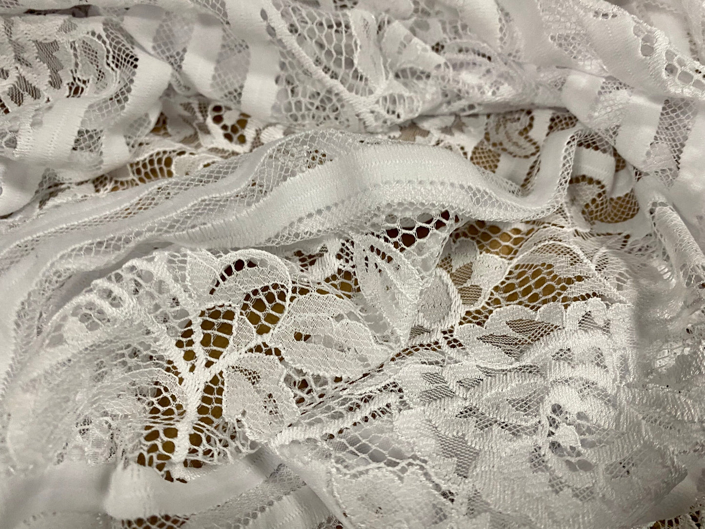 Mesh lace net fabric, per metre - embroidered floral stripe - white