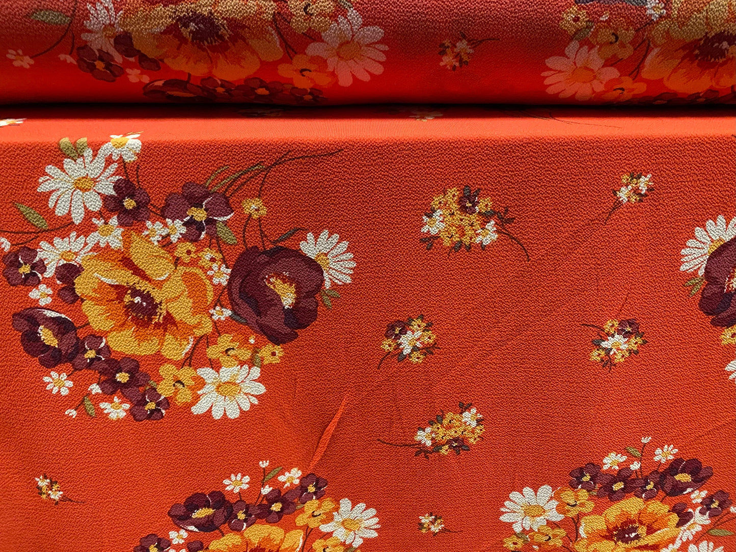 Stretch spandex crepe woven dress fabric, per metre - flower bouquet print - blood Orange