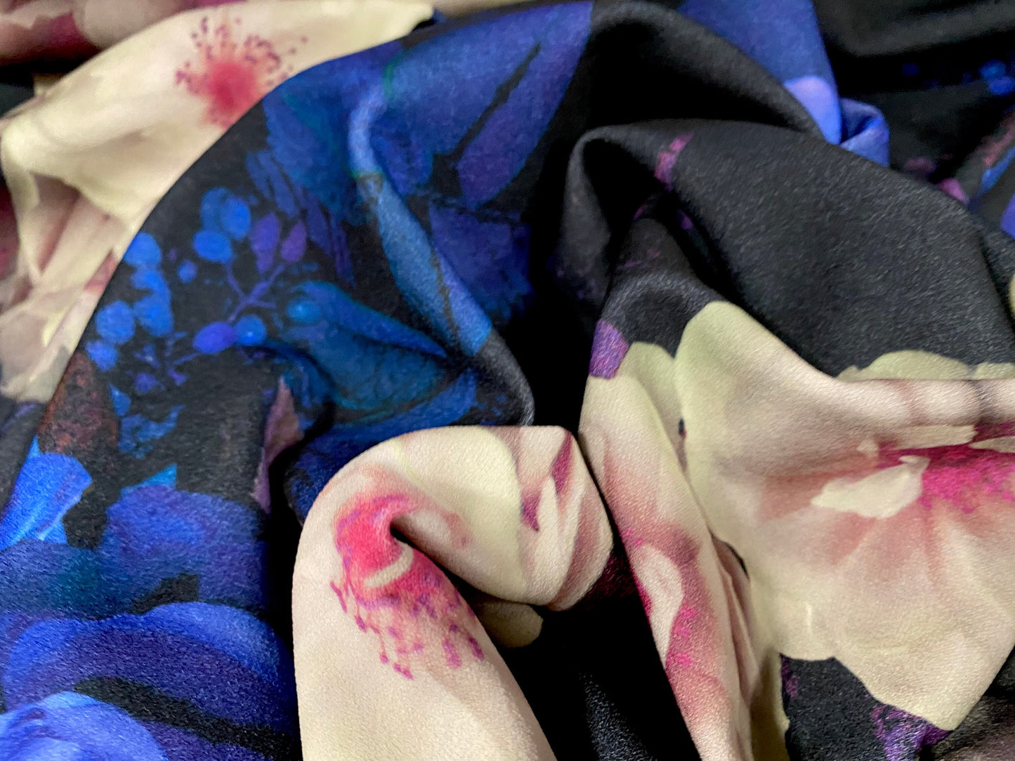 Scuba crepe fabric stretch spandex jersey, per metre - wild Rose flower print - black, blue and eau de nil