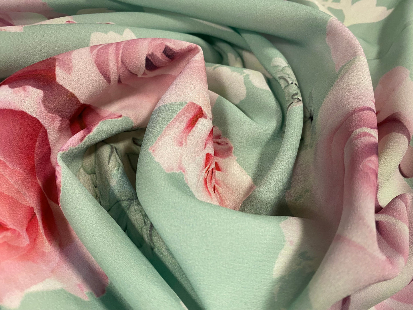 Chloe crepe georgette woven dress fabric, per Metre - mint Green with pink Roses digital print