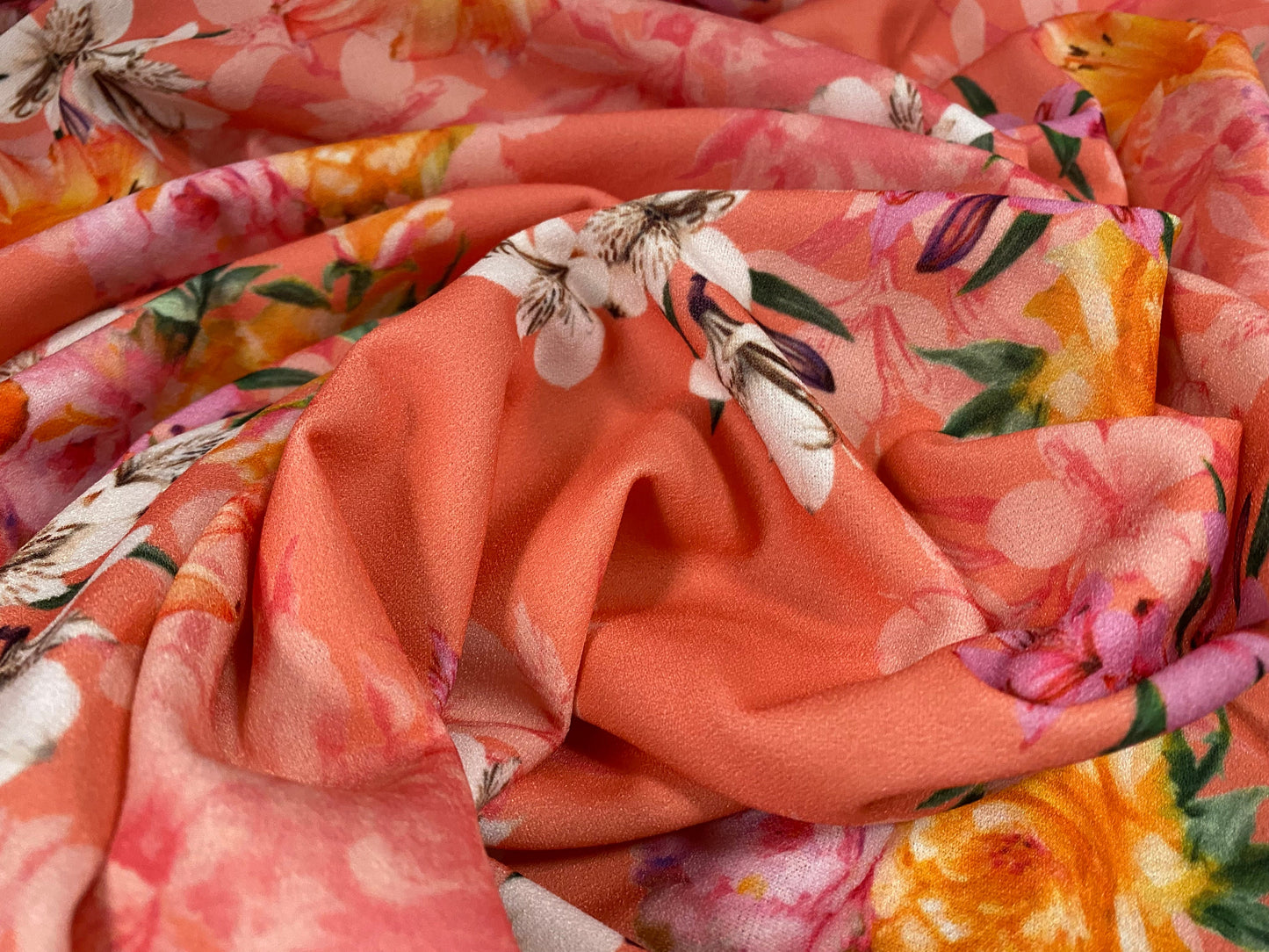 Scuba crepe fabric stretch spandex jersey, per metre - flower print - coral