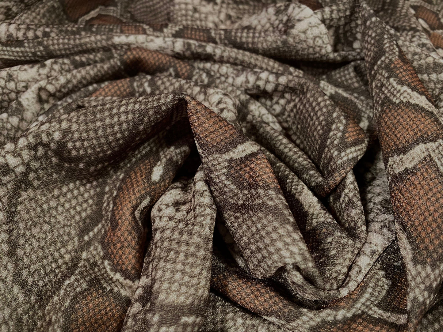 Scuba crepe fabric stretch spandex jersey, per metre - snakeskin print - Olive Green & bronze