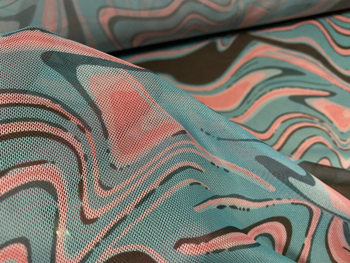 Power mesh net stretch fabric, per metre - distressed swirl print - mint & pink pastels