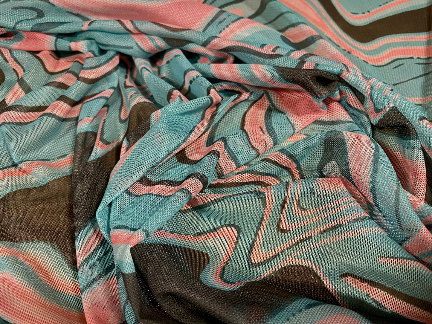 Power mesh net stretch fabric, per metre - distressed swirl print - mint & pink pastels