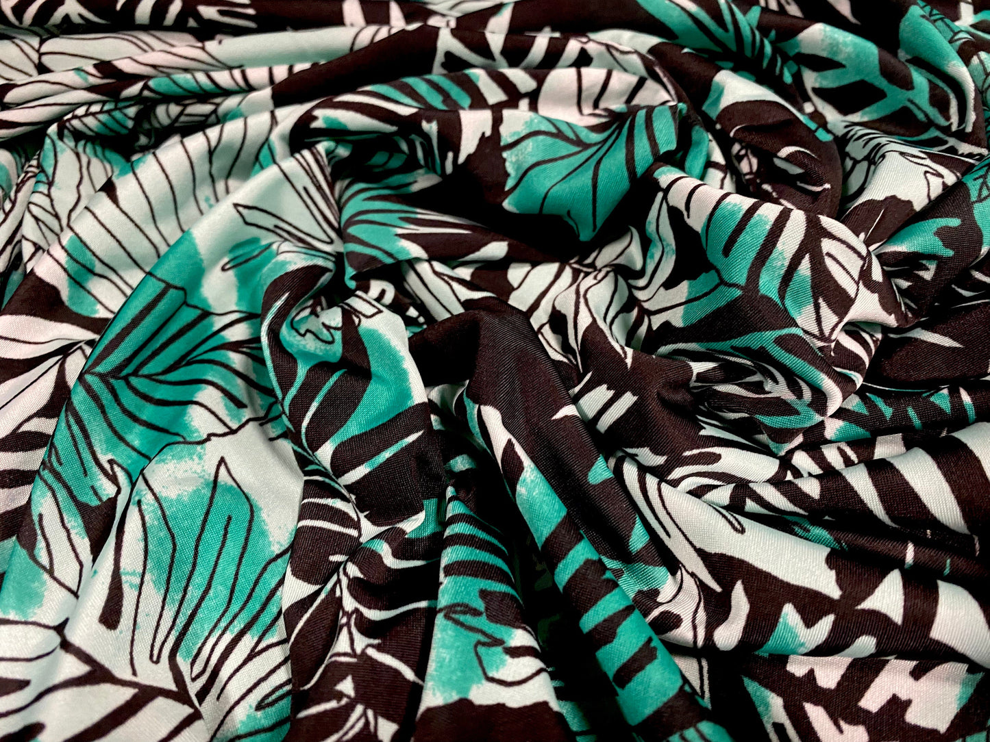 Spandex stretch ITY single jersey fabric, per metre - leaf print - black & green