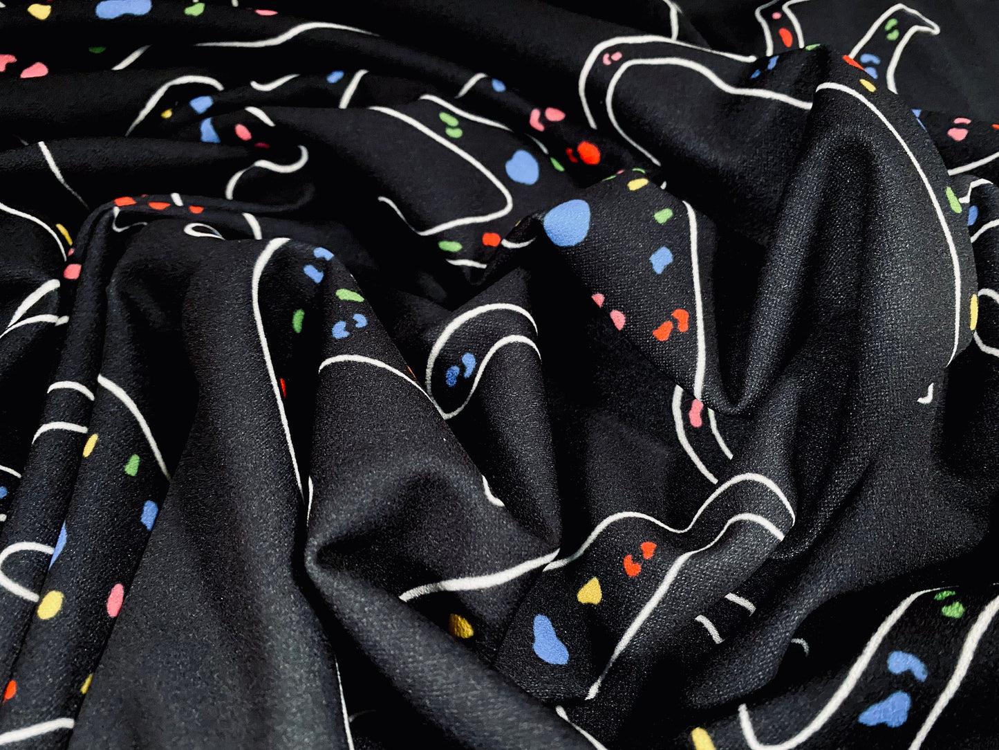 Scuba crepe fabric stretch spandex jersey, per metre - leopard outline print - Black with multicolour hide