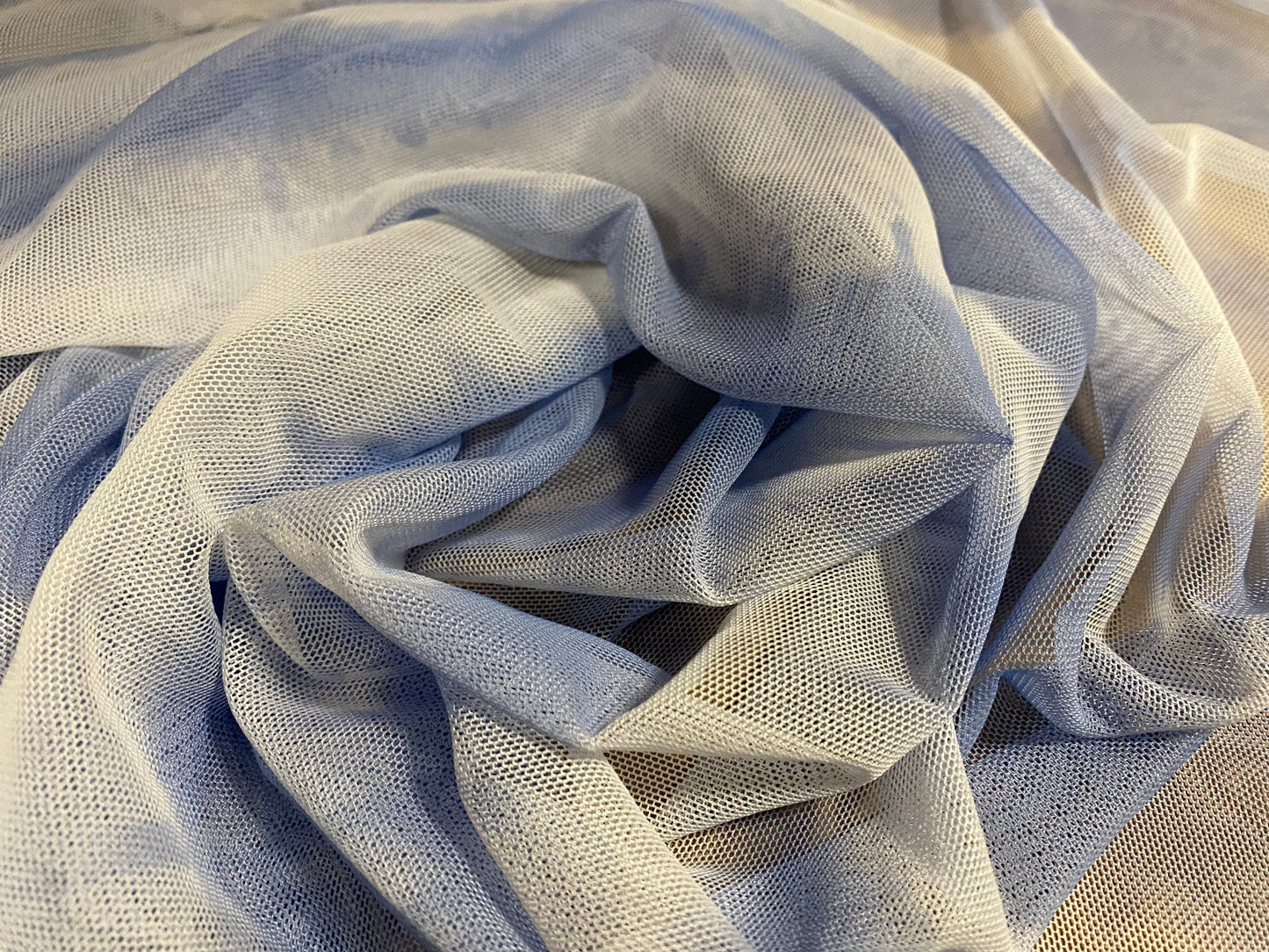 Power mesh net stretch fabric, per metre - Bias tie dye stripe print - Sky blue
