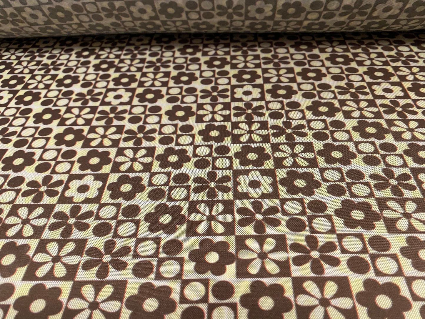 Power mesh net stretch fabric, per metre - Geometric daisy flower print - brown & lemon