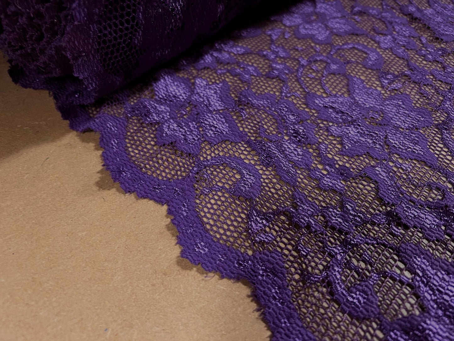 4 way Stretch lace floral dress fabric, per metre - scalloped selvedge - Purple