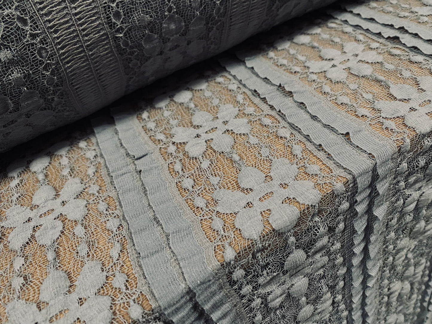 Cotton blend stretch lace fabric with ribbon stripe, per metre - grey