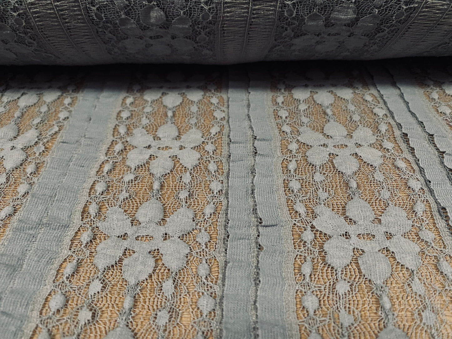 Cotton blend stretch lace fabric with ribbon stripe, per metre - grey