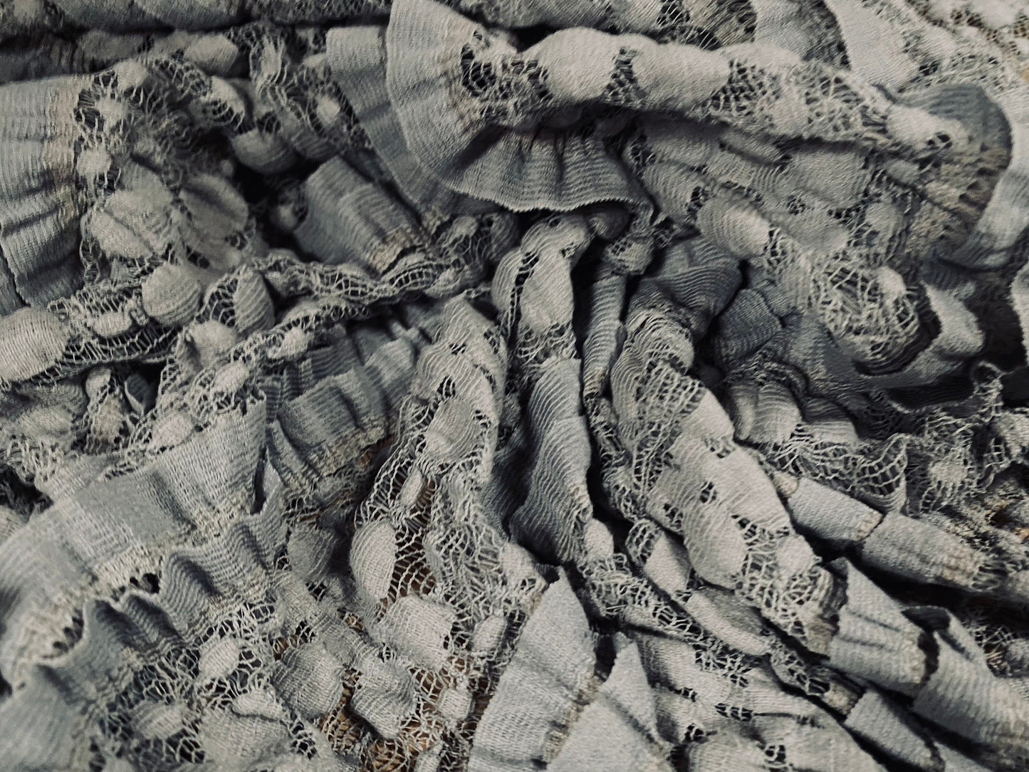 Cotton blend stretch lace fabric with ribbon stripe, per metre - grey