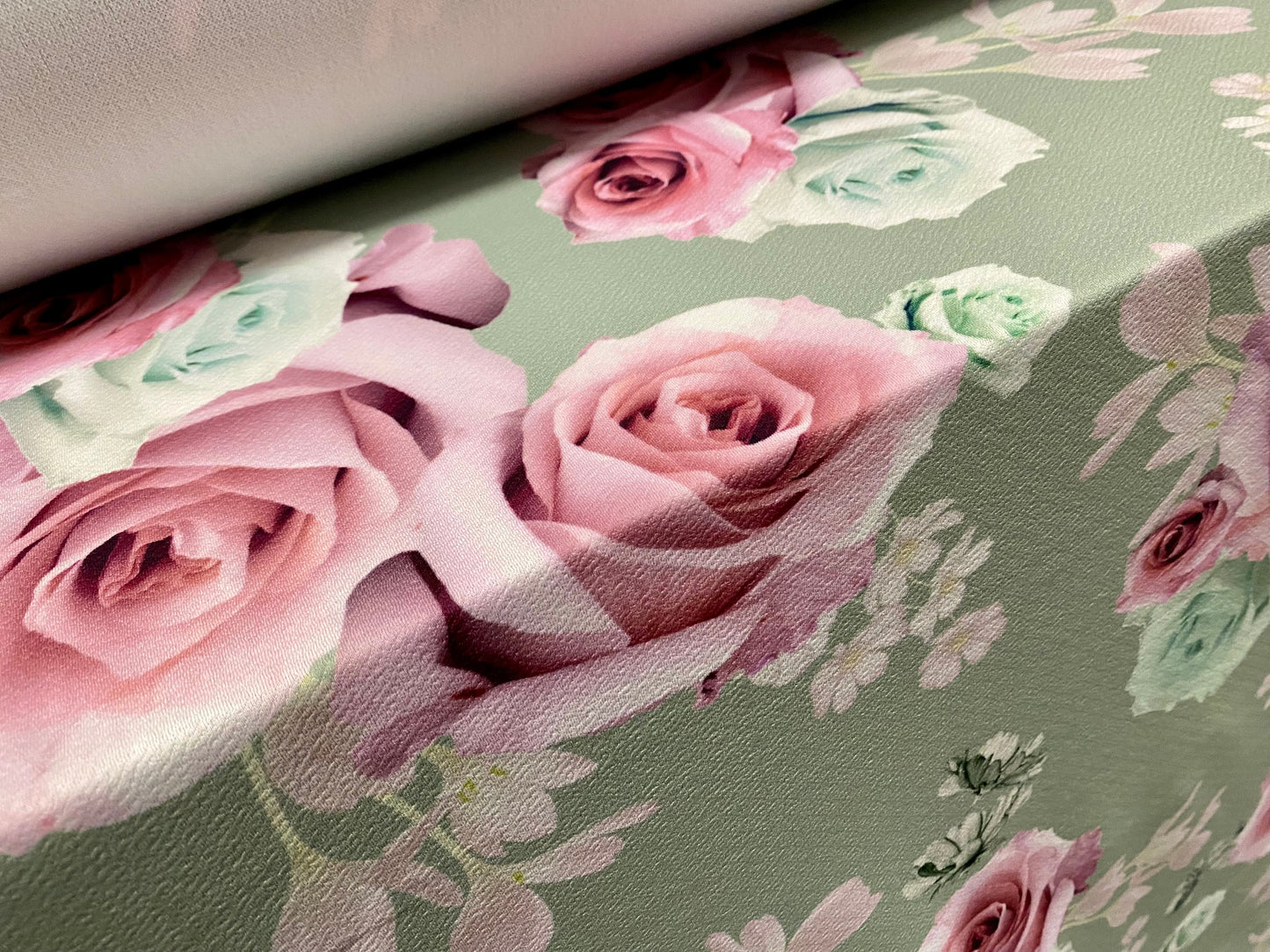 Waterfall textured scuba stretch Spandex jersey fabric, per metre - Digital Rose flower print - mint & pink