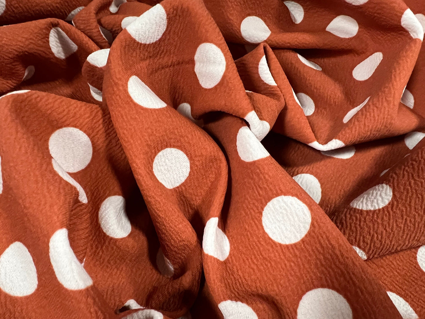 ‘Liverpool’ textured stretch spandex double jersey fabric, per metre - polka dot print - terracotta & white