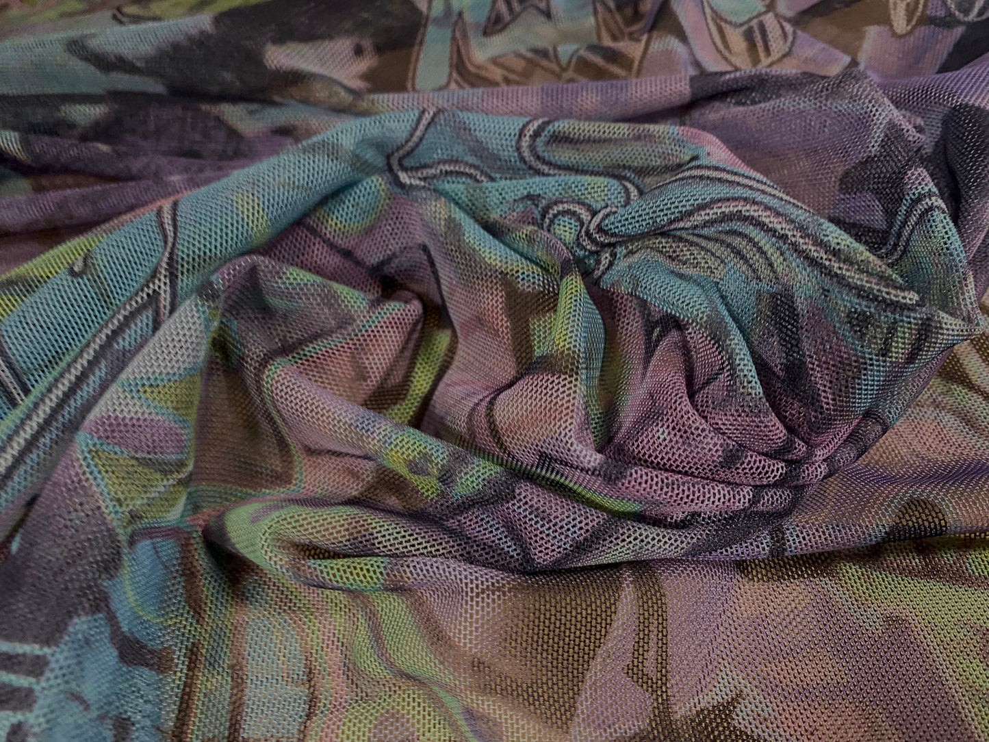 Power mesh net stretch spandex fabric, sheer, per metre - street art graffiti print - pink & blue