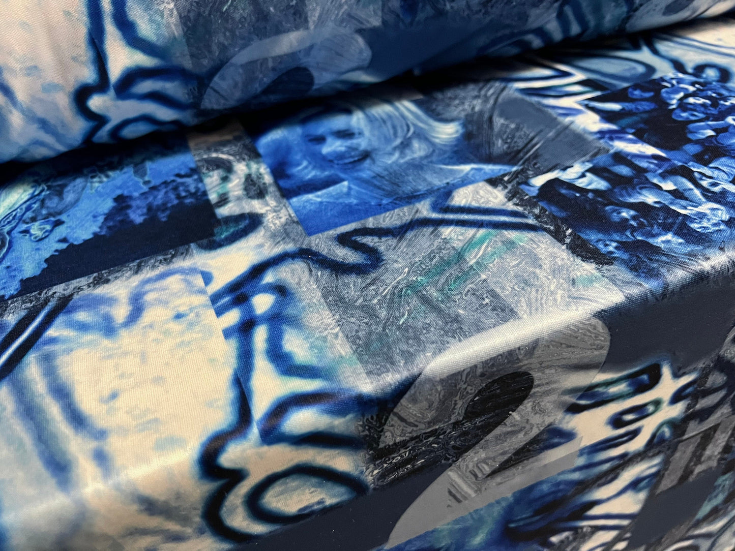 Single jersey polyester fabric - 60 inches wide - festival graffiti print - blue