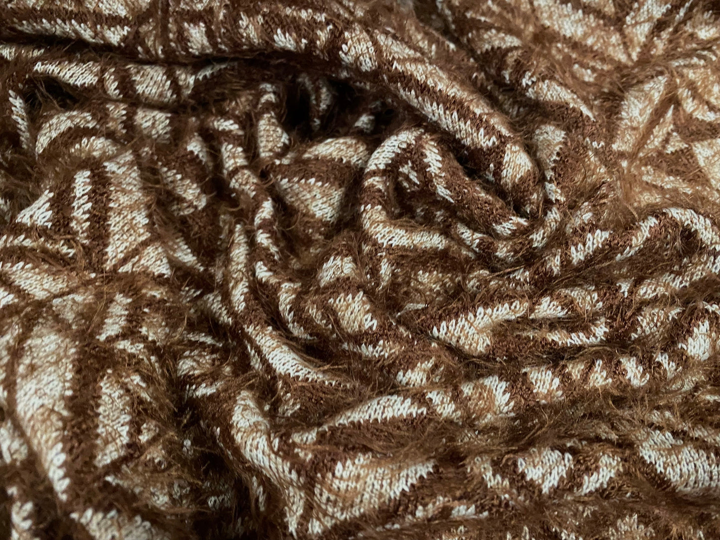 Soft hairy mohair style knitwear jersey fabric, per metre - geometric jacquard - brown
