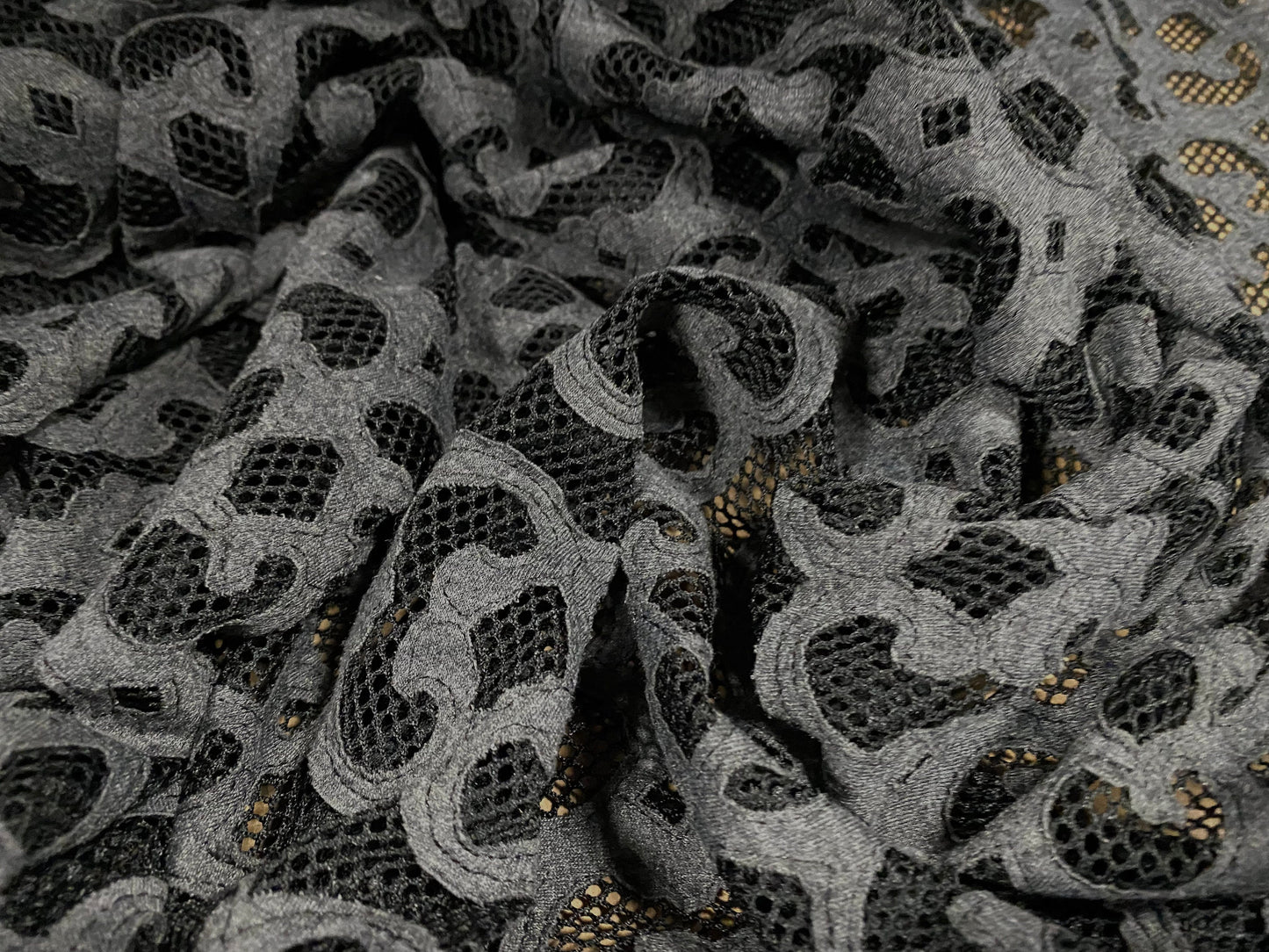 Couture Fishnet fabric with damask swirl appliqué, per metre - charcoal on black