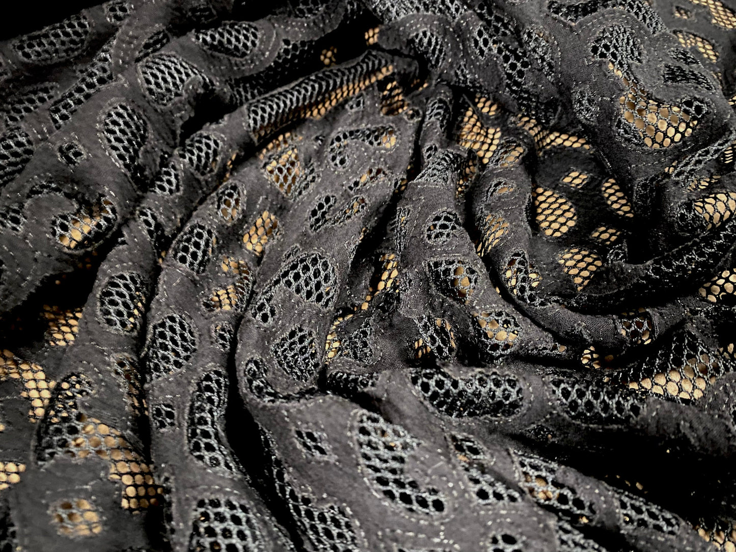 Couture Fishnet fabric with damask swirl appliqué, per metre - black on black