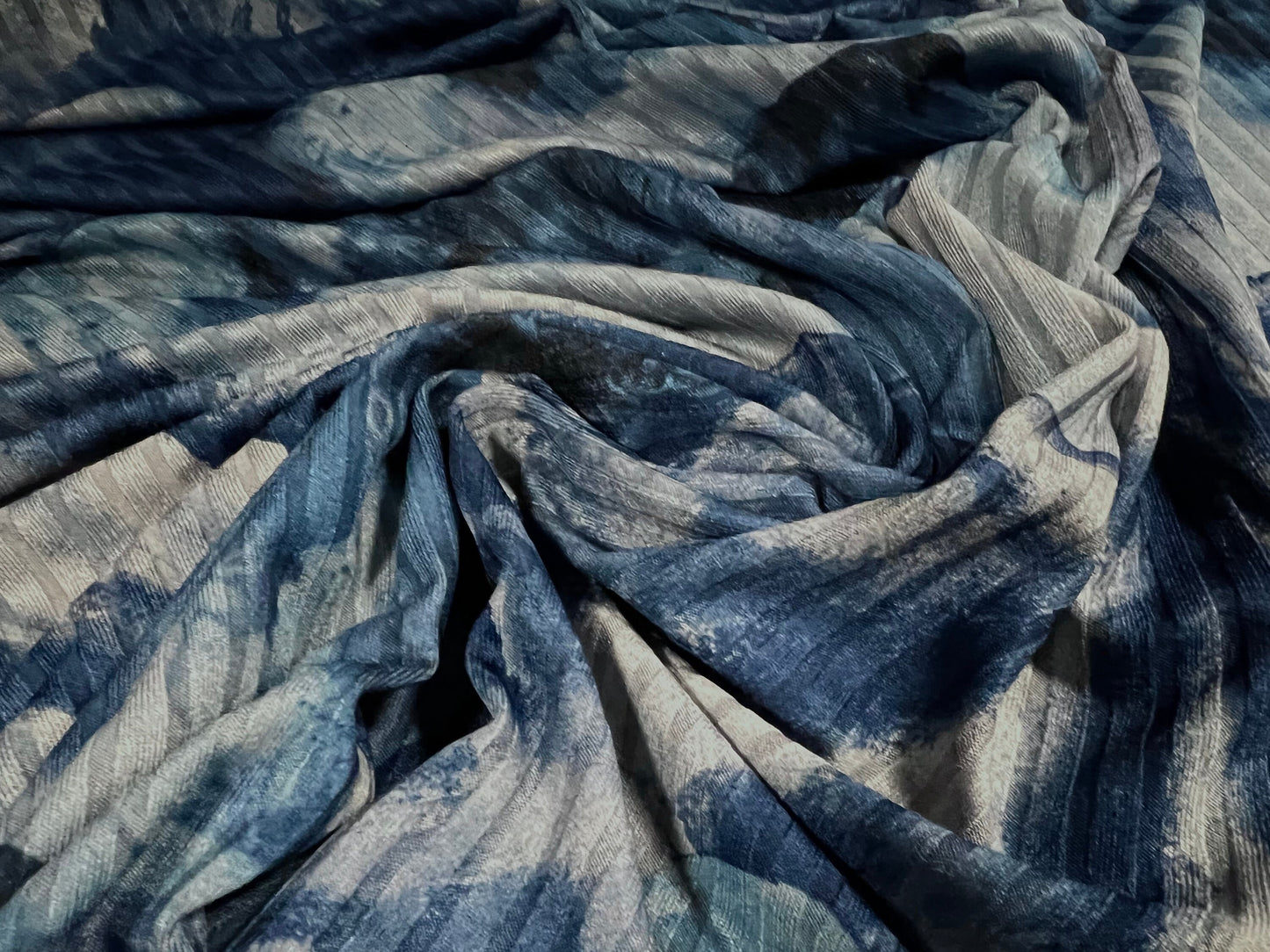 Recycled Spandex rib stretch jersey fabric, per metre - Cherub angels print - grey & blue