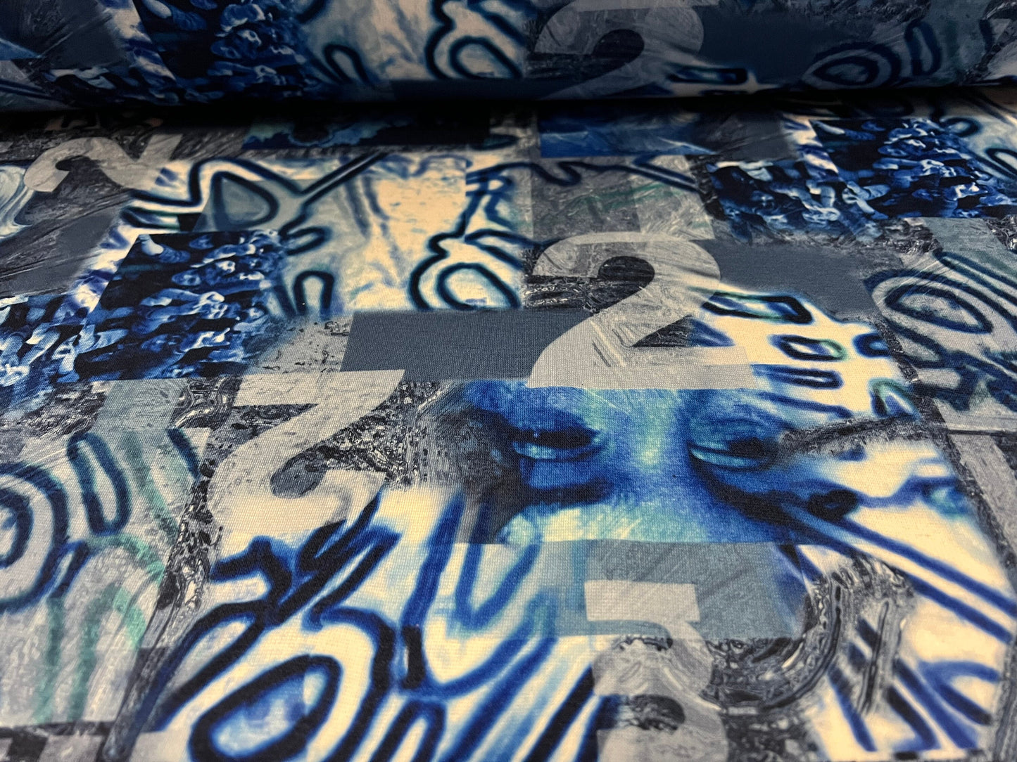 Stretch spandex double jersey fabric, per metre - Festival graffiti print - blue