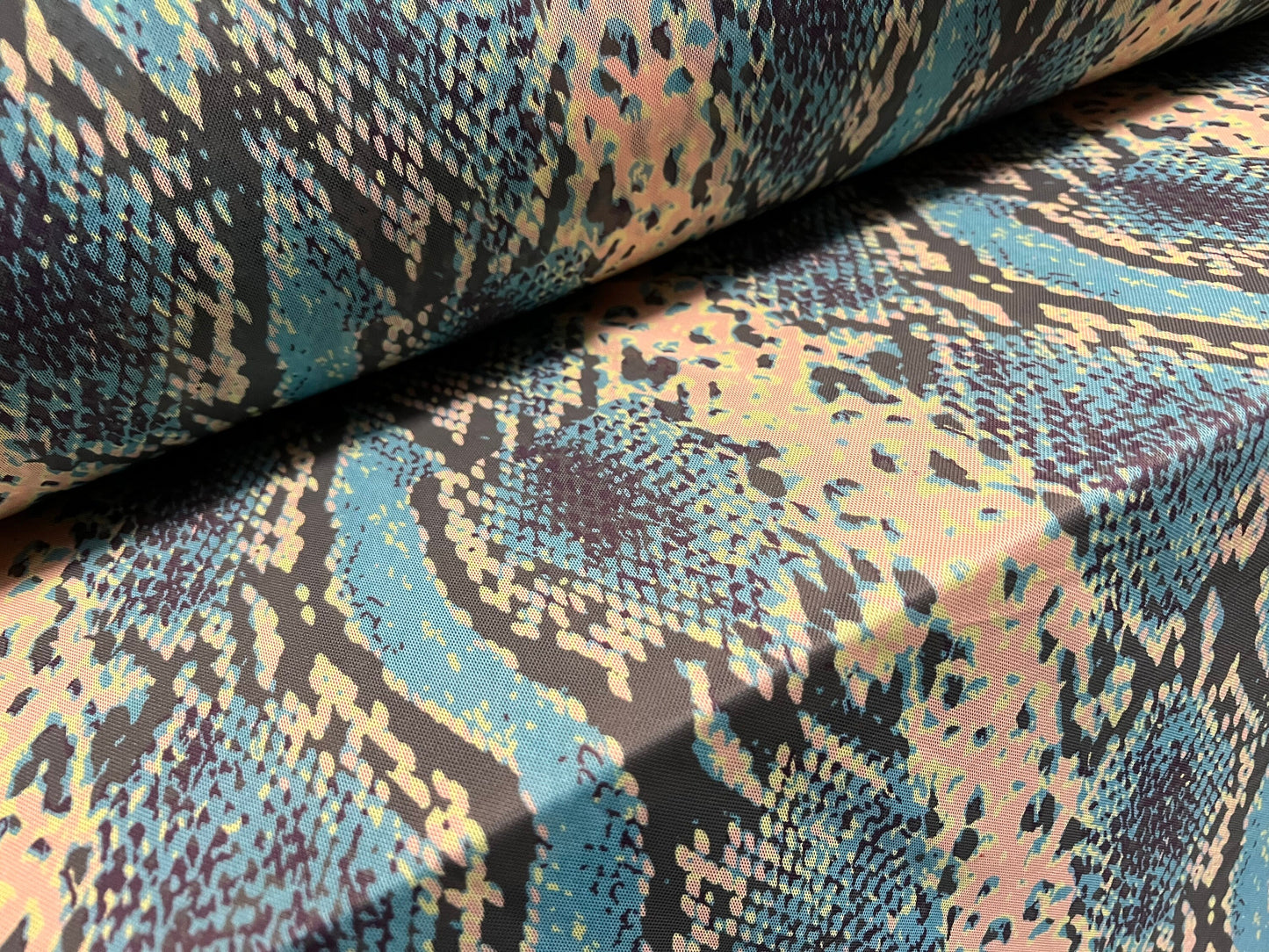 Power mesh net stretch fabric, per metre - snakeskin print - turquoise pink