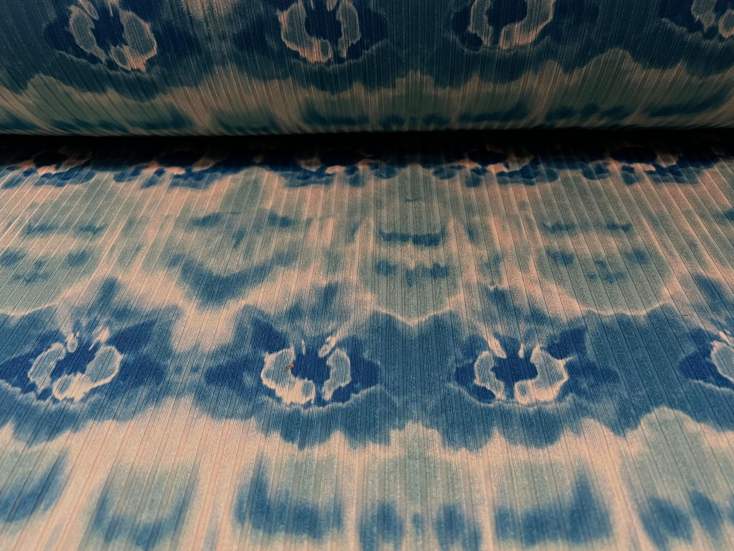 Spandex rib stretch jersey fabric, per metre - tie dye splash print - turquoise & stone